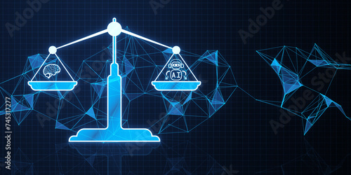 Concept of AI law, artificial intelligence regulations in futuristic glowing low polygonal style with brain and scale symbols on dark blue background. 3D Rendering.
