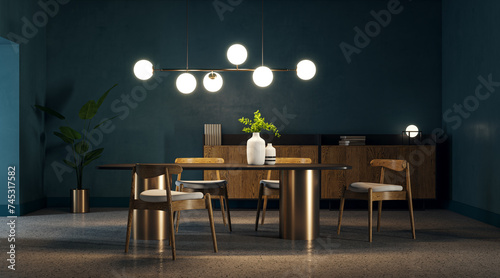 Contemporary dining room with modern furniture and ambient lighting. Interior design concept. 3D Rendering