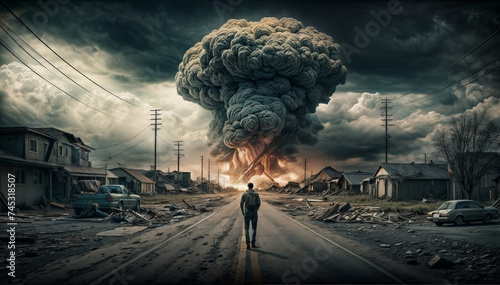 Conceptual image of nuclear explosion with man walking on the road