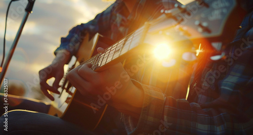 Acoustic Guitar Player in Sunset Light, Musical Inspiration