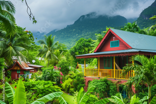 Traditional Creole-style architecture in the Seychelles, colorful houses surrounded by lush tropical vegetation, cultural charm and heritage