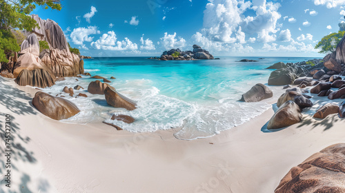 Pristine white sand beach with crystal clear turquoise waters in the Seychelles, granite boulders framing the serene scene, idyllic tropical paradise