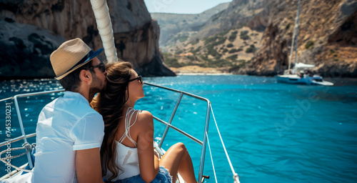 Poster with newlyweds on a yacht in a lagoon near an island in the Mediterranean Sea, concept for a banner of sea crossings on popular islands, space for concept