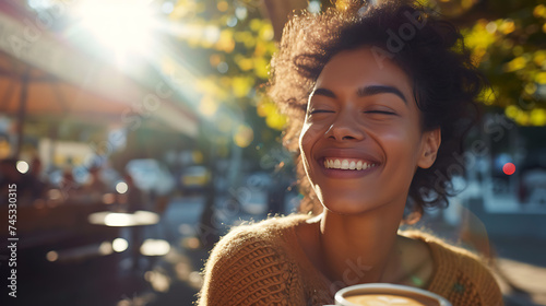 Jovem mulher sorridente aproveitando café ao ar livre sob luz filtrada pelas árvores criando sombras pintadas