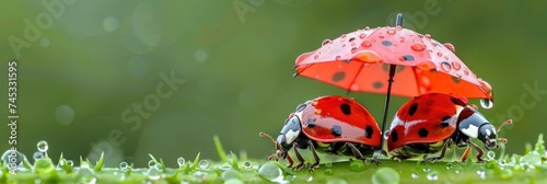 Whimsical Nature, Small Ladybugs Wielding Umbrellas Strolling Through the Grass.