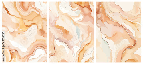 Set of Modern fluid watercolor, marble backgrounds, alcohol ink paintings, elegant card design for birthday invite, wedding, boho wall art with abstract beige waves. Vector pastel illustrations.