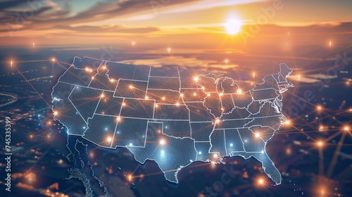 digital technology driving global connectivity and networking, with united states map symbolizing international collaboration