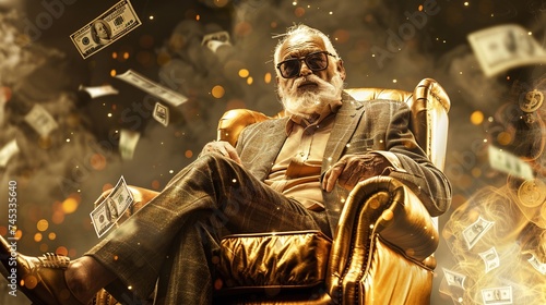 captivating image featuring a rich businessman sitting on a golden throne with cash flying around him, portraying opulence and wealth in the financial world