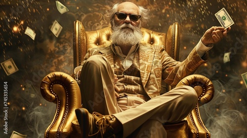 depiction of a wealthy old man seated on a luxurious golden chair, surrounded by flying money symbolizing financial success and prosperity