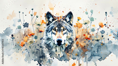 A watercolour wolf artwork in flowers in the style 