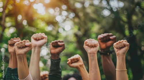 empowerment movement with multi ethnic people raising their fists up in the air, protest demonstration for social justice