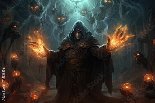 evil sorcerer casting a spell to release the black