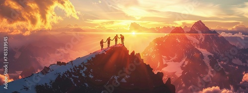 spectacular sunset landscape as a team of friends embarks on an outdoor adventure, supporting each other on the journey to reach the mountain top