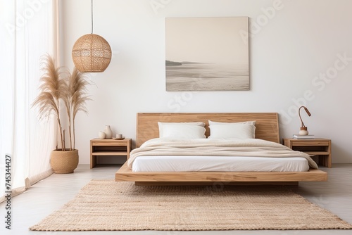Zen Vibes: Minimalist Bedroom Sanctuary with Rattan Rug and Wooden Bed