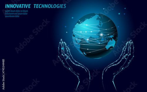 Web Save planet Earth in hands. Asia problem solving. Pease safety agreement. Low poly polygonal design vector illustration