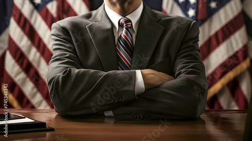 US male politician or bureaucrat sitting at his desk with his arms crossed with many US flags in the background