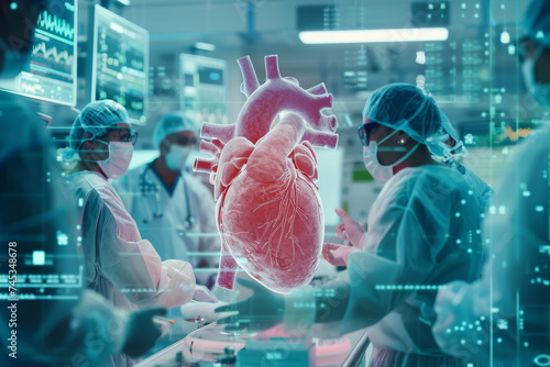 Futuristic Cardiac Surgery Team in High-Tech Operating Room, Medical staff with 3D heart hologram during advanced surgery