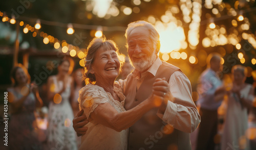 Happy elegant dressed elderly grey-haired couple cheerful smiling when they dancing on 60th Wedding Anniversary ceremony among friends, family relatives on backyard. Happiness of relationships concept