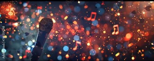Glowing music sheets notes on beautiful lights bokeh background with microphone