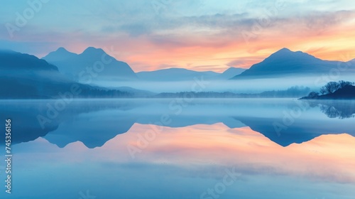 Calm waters and mountains at dawn