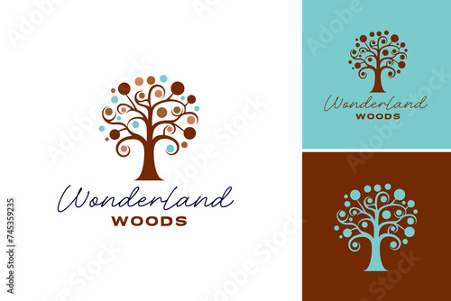 Closeup of a tree with circles bark pattern logo design template, featuring Wonderland Woods text. Ideal for nature-themed designs or enchanted forest concepts.