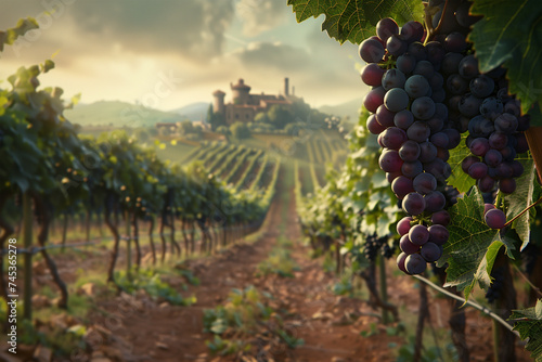Ripe grapes dangle in a vineyard. A castle can be seen in the background