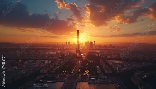 panoramic aerial view of a city similar to Paris and the Eiffel Tower, evening sunset sky, AI generation
