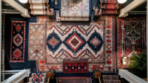 Ethnic Rug Collection Display - An exquisite array of ethnic rugs showcasing intricate patterns and vibrant colors, perfect for cultural and interior design themes.