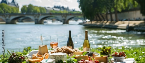 Luxury picnic in riverbank with a cheese plateau