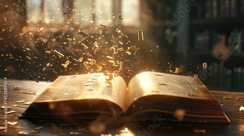 Open magic book with magic light on vintage background. open book on the background of an old library.