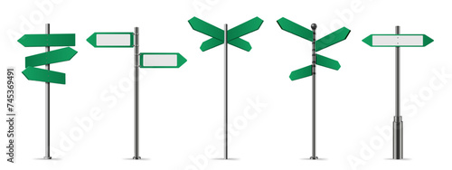 Green street signs. Directional pole with wayfinding arrows, finger post sign isolated realistic vector illustration set