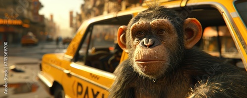A monkey taxi driver using advanced technology in a 3D environment