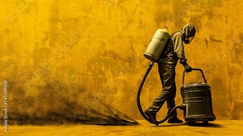 A lone worker in a protective suit is spraying against a stark yellow background depicting safety and sanitation