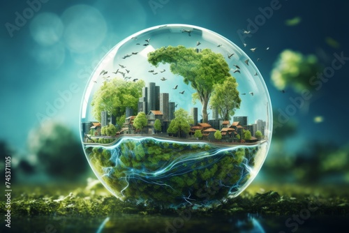Urban Greenery Globe Concept - A concept image of a globe that holds an urban landscape lush with greenery, reflecting the idea of eco-urban environments.
