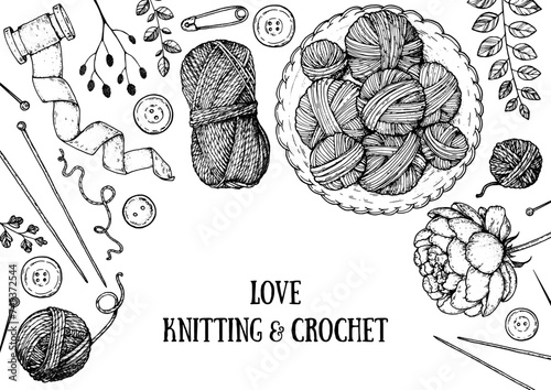 Knitting and crochet sketch. Vector hand drawn collection. Engraved style. Sketch collection. Design elements.
