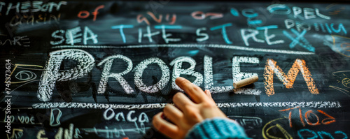 Hand erasing the word PROBLEM written in white chalk on a blackboard, symbolizing solution finding, overcoming challenges, and positive mindset