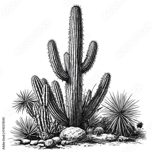 Cactus Monochrome ink sketch vector drawing, engraving style vector illustration