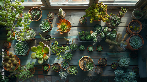 Plantas suculentas em mesa rústica iluminadas por suave luz natural através janela