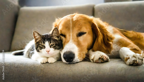 寄り添う犬と猫。ペット。家族。仲良しな犬と猫のイメージ。A dog and cat cuddling. pet. family. An image of a friendly dog and cat.