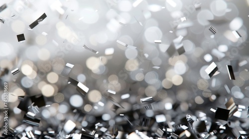 Sparkling silver confetti falls amidst glowing lights, creating a festive, celebratory atmosphere.