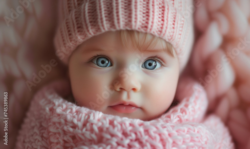 Winter Baby Portrait in Pink Knitwear, Close-Up of Infant with Blue Eyes