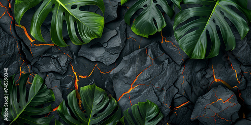 Tropical leaves frame around on a raw matte black lava or granite stone with fresh laca in the cracks background or banner place for text title for elegand wild ntural high end design