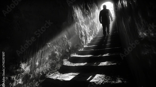 Silhouette of a man walking up the stairs in a dark underground tunnel