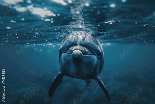Close-up of a dolphin underwater, facing the camera with a playful expression, light ripples on the water surface above.