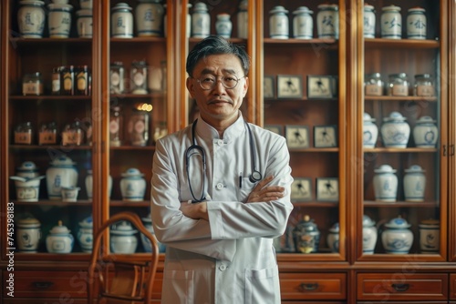 Portrait of doctor in front of traditional chinese medicine cabinet