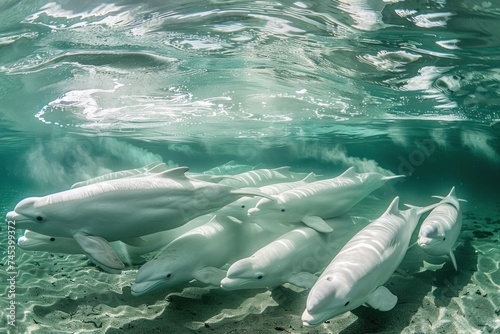 A pod of beluga whales swimming gracefully in the clear, shallow waters with visible sand patterns below.