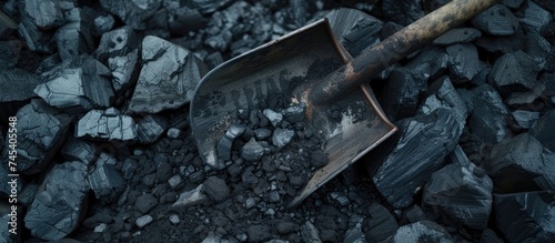 A shovel lies on top of a large pile of rocks, seemingly after being used for some heavy-duty work. The rocks are scattered around it, creating a rugged and industrial scene.