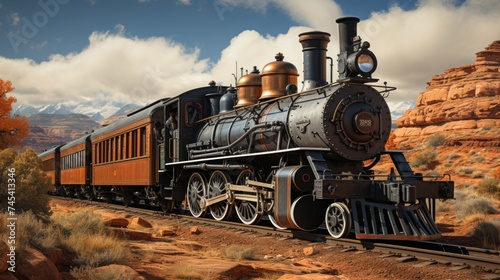 Capture the breathtaking scene of a steam locomotive in the high canyon of the wild west