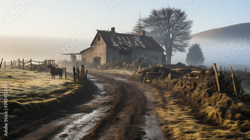Dans la brume matinale, la ferme abandonnée éveille les récits d'un passé lointain, écho d'âmes passées.