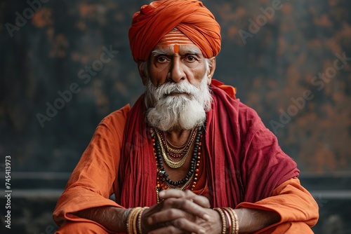 Elderly Indian man on dark background, Sadhu, sant, Varanasi. Ganges saint. Saffron turban. Ram mandir